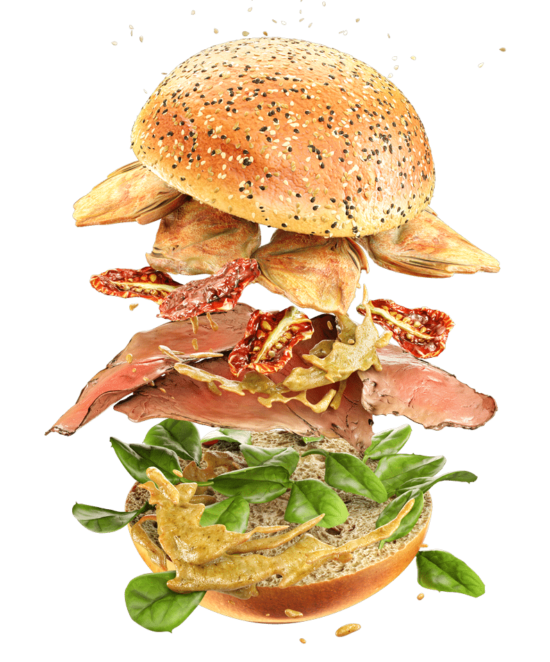 Immagine 3d ideata da Sinergica che ritrae un esplosione di ingredienti di un hamburger realizzato per la campagna pubblicitaria di Artista del panino edizione 2022