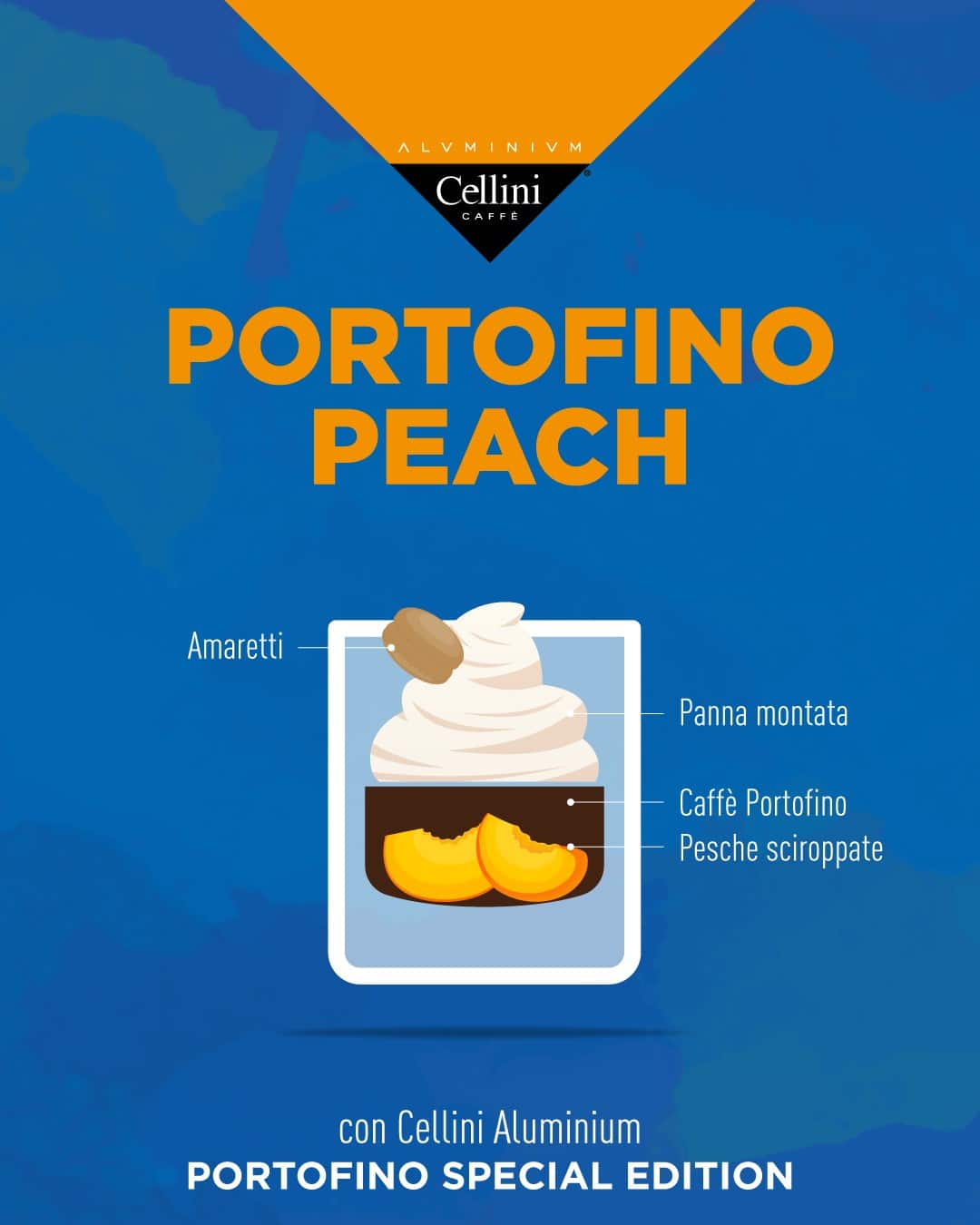 Infografica ideata da Sinergica della ricetta Portofino Peach realizzata con il prodotto Cellini Caffè - Portofino Special Edition