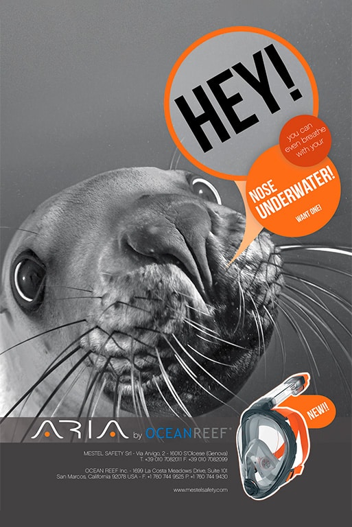 Advertising ideato da Sinergica nella campagna di lancio delle maschere da diving realizzate dal brand Aria by Oceanreef.