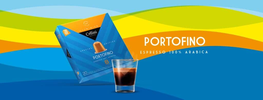 Banner web realizzato da Sinergica con foto di gruppo del pack Cellini Caffè Portofino e tazzina di caffè