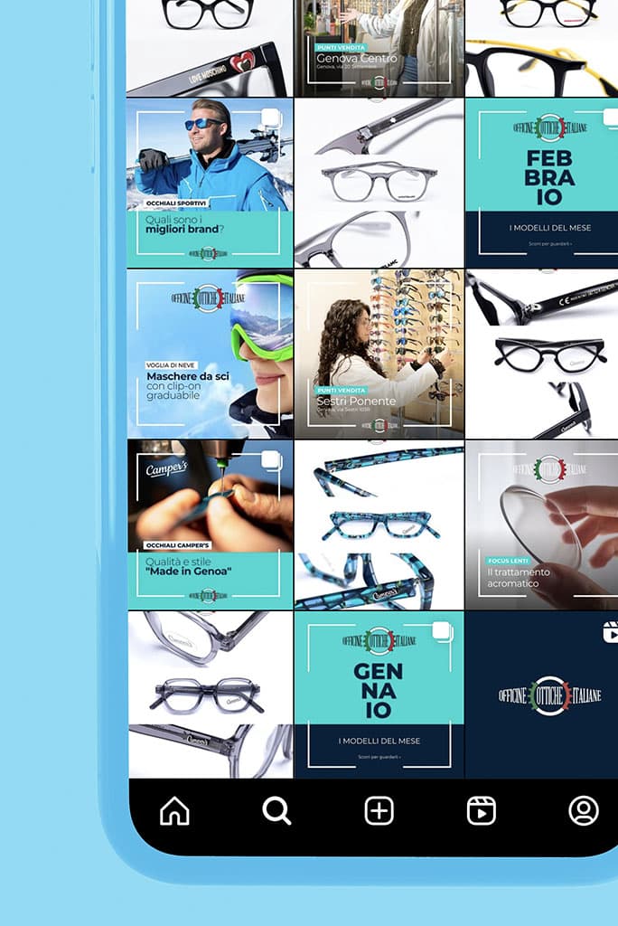 Panoramica del feed Instagram dell'azienda Officine Ottiche Italiane rappresenta lo studio della social image realizzato da Sinergica