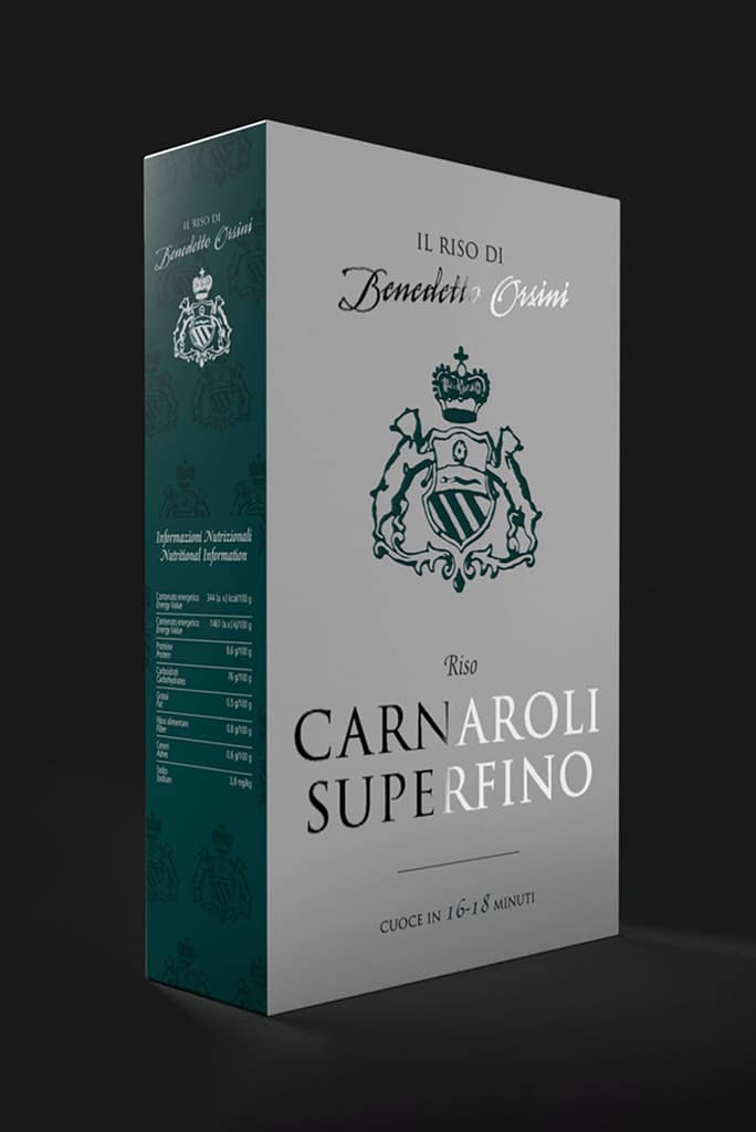 Simulazione 3d del packaging di prodotto creato da Sinergica per il riso Carnaroli Superfino del brand Benedetto Orsini