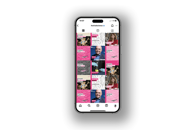 Simulazione del feed Instagram ideato da Sinergica per l'edizione del Festival della Scienza 2023