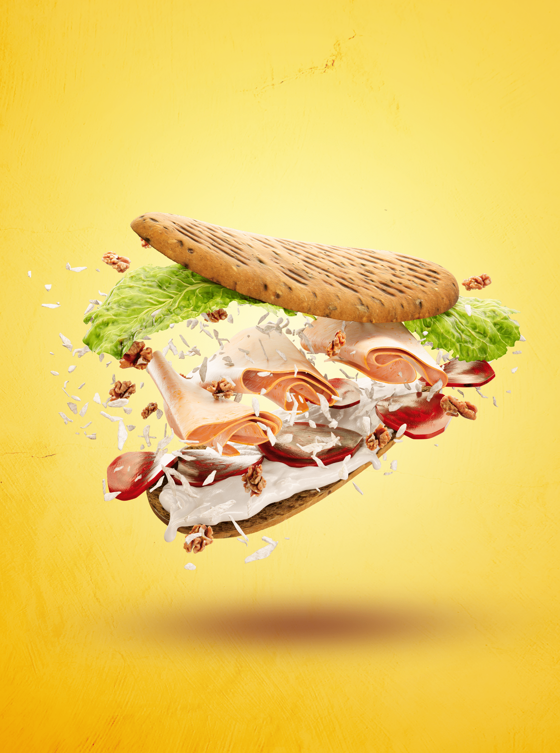 Rendering 3d per la campagna pubblicitaria Artista del Panino di un Sandwich che si libra in aria mostrando gli ingredienti realizzato con software 3D da Sinergica