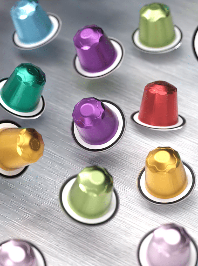 Visual 3d ritraente della capsule di caffè Aluminium che prendono il volo realizzato con software 3D da SINERGICA per Cellini Caffè